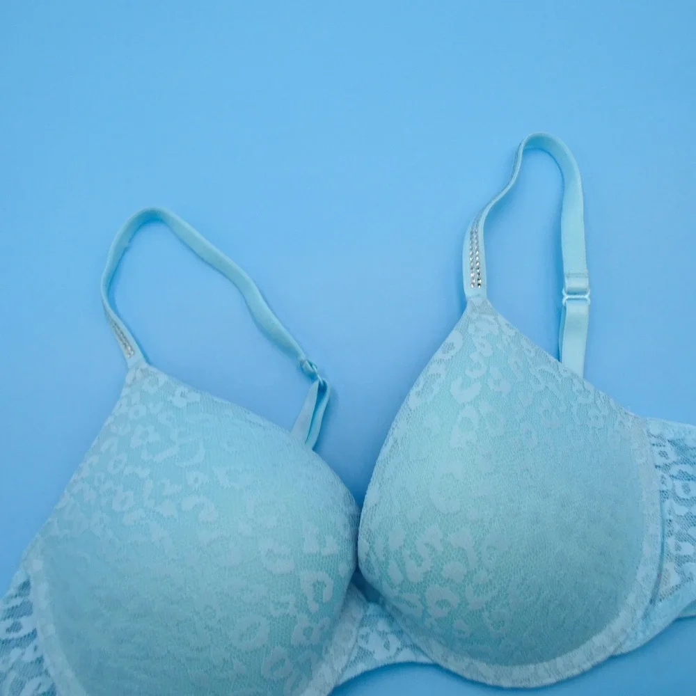 Pink Victoria's Secret Bra Womens 34B Wear‎ Everywhere Push-Up Blue Lace Nylon